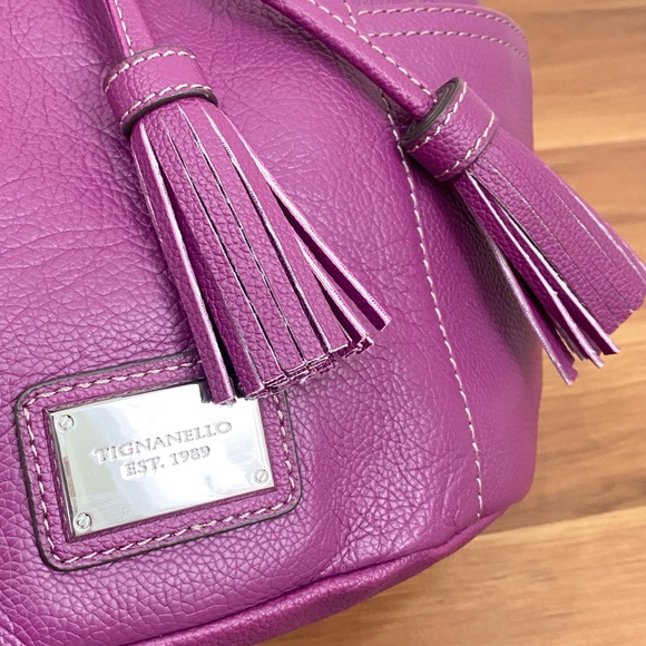 TIGNANELLO Purple Magenta Pebbled Leather Drawstring Tassel Bucket Shoulder Bag - Picture 13 of 16